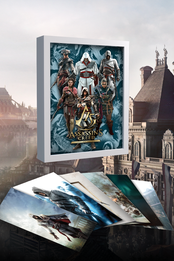 Image shows Assassins Creed 15th Anniversary Lithograph Set facing at angle with all lithographs laid flat at the bottom. Product includes 6 fine lithograph prints.