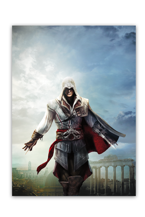 Image shows Ezio Auditore da Firenze lithograph facing front. Ezio Auditore da Firenze was a Florentine nobleman during the Renaissance, and, unbeknownst to most historians and philosophers, a Master Assassin and the Mentor of the Italian Brotherhood of Assassins, a title which he held from 1503 to 1513. He is also an ancestor of William and Desmond Miles, as well as Clay Kaczmarek.