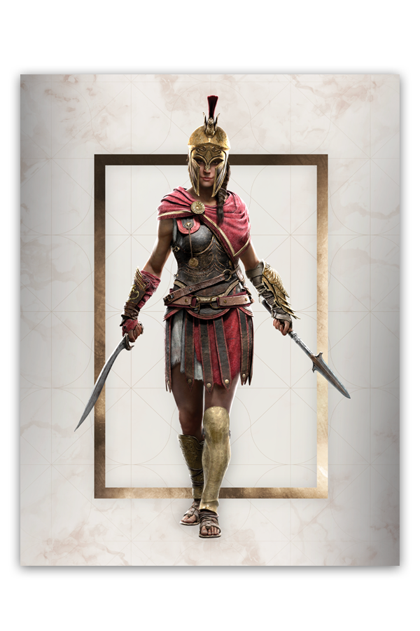 Image shows Kassandra lithograph facing front. Kassandra was a Spartan mercenary who fought during the Peloponnesian War. She was the older half-sister of Alexios and, through their mother, Myrrine, the granddaughter of King Leonidas of Sparta. While raised by her mother's husband, Nikolaos, she was later revealed to be the biological daughter of Pythagoras himself.