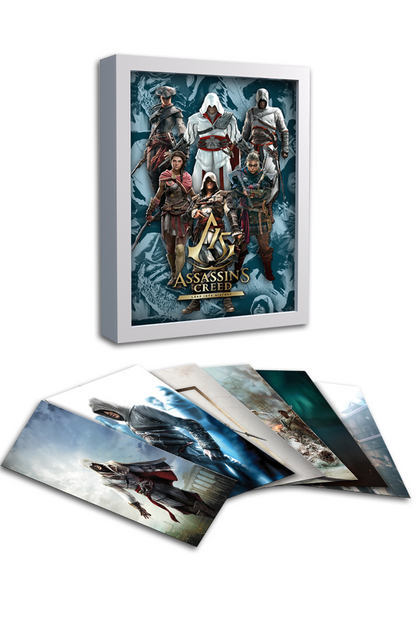Image shows Assassins Creed 15th Anniversary Set facing at an angle with all lithographs fanned out and laid flat at the bottom. Product is made with 100# white chorus art silk/matte aqueous coating and is glare-resistant.