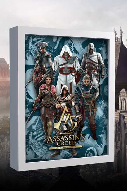 Image shows Assassins Creed 15th Anniversary Lithograph Set facing at an angle. The Assassins Creed 15th Anniversary Lithograph Set brings some of the main protagonists throughout the game’s history. The 6 lithographs capture the breathtaking stories that each of those games tells and come in a brilliantly illustrated box.