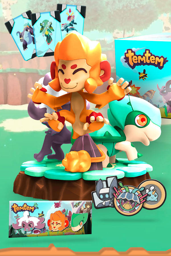 Image shows Temtem Collector's Edition Bundle presented by Humble Games and Final Boss Bundle. Product is a carefully curated bundle of Temtem essentials for tamers on the Airborne Archipelago's floating islands. Bundle includes 6-inch Temtem Starter Statue Diorama, 3 TemCard Replicas, 3 Embroidered Iron-On Patches and 3 Soft Enamel Pins.
