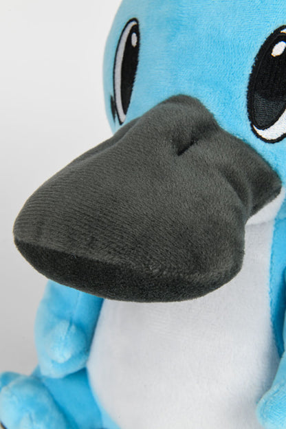 Image shows Temtem Platypet Plush's face zoomed in. Its eyes have large, vertical, and oval with black iris and pupil with two small, black, oval spots that sit on the outer side if the eyes. 