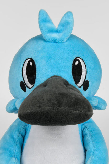 Image shows Temtem Platypet Plush facing front. Product is light-blue in color with a white stomach.